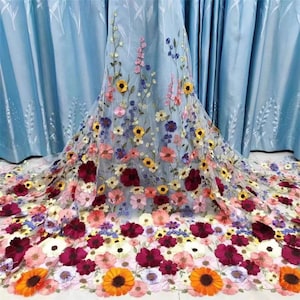 Multicolored Dense 3D Flower Lace Fabric, Colorful Floral Embroidered Tulle Mesh Lace Fabric For Prom Dress, Princess Dress, Couture, Tutu