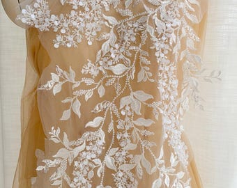 Off White Beaded Lace Applique, Floral Vine Sequined Bridal Lace Patch Motif for Wedding Dress, Veil, Evening Gown Craft Supply