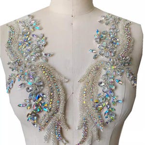 Heavy Beading Sparkle Rhinestone Applique Mirror Pair 3D Flower Phoenix Tail Rhinestone Applique Diamante Motif For Costume Embellishment
