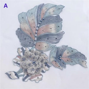3D Floral Embroidery Lace Applique With Pearls and Rhinestones, Flower Leaf Lace Patch Sewing on Bridal Gown ,Evening Dress, DIY Costumes