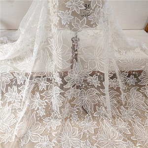 Gorgeous Lily Flower Embroidery Lace Fabric Beaded Flower Lace Tulle Fabric Sequins Bridal Lace Mesh Fabric For Wedding Dress Bridal Veil