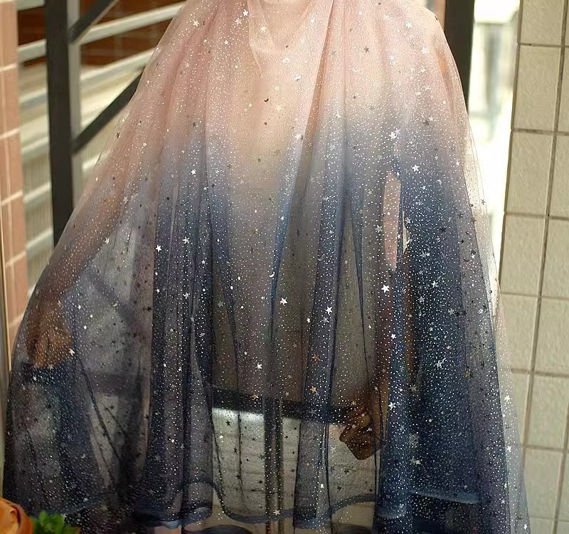 Gradient Starry Sky Lace Fabric, Glitter Star Moon Mesh Tulle Fabric, Fabric Shine Addition For Party Dress, Tutu, Doll Dress,DIY Craft