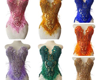 Ostrich Feather Beaded Applique, Crystal Rhinestone Bodice Patch for Dance Costume, Samba Carnival Dress, DIY Bridal Pageant Gala Corse