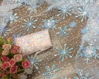 Snowflake Embroidered Lace Fabric With Colorful Sequins Soft Lace Tulle Mesh Fabric Elsa Dress Lace Fabric For Masquerade Dress Veil Cape