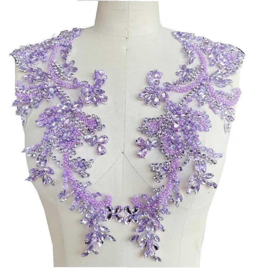 Sparkle Rhinestone Heavy Beading Applique Mirror Pair 3D Flower Rhinestone Motif Bodice Lace Embellishment Applique For Evening, Prom Dress