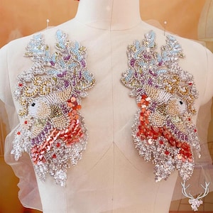 Colored Beaded Lace Applique Heavy Sequins Embroidery Lace Patch Little Bird Branch Lace Motif For Party Dress Dancing Dress Pageant Gown