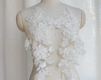 Beaded Bridal Lace Applique Pair, 3D Floral Sequin Lace Bodice Motif for Wedding Dress, DIY Veil Gown Lace Trim, Ivory Lace Patch