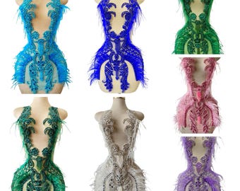 Ostrich Feather Beaded Applique 3D Rhinestone Bodice Patch Glitter Acrylic Crystal Trimming for Prom Evening Dress Dance Costume DIY