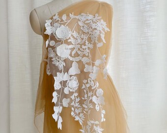3D Flower Milk Fiber Lace Applique, Off White Floral Vine Lace Patch Motif, Milk Silk Bridal Embroidery for Wedding Dress Gown Supply