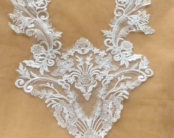 White Lace Neckline Applique, Sequined Floral Lace Collar Motif, Embroidery Bodice Patch for Bridal Gown, Wedding Dress Accessories