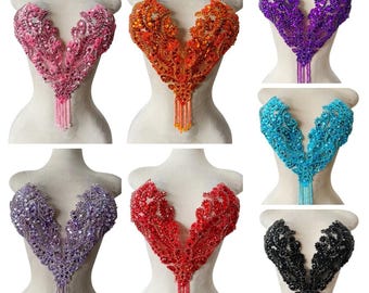 Rhinestone Bodice Applique with Tassel, Beaded Crystal Bodice Patch for Dance Costume, Prom Evening Dress V Neck Heavy Beaded Trim