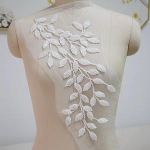 Shimmer Beaded Leaves Embroidery Applique Leaves Twig Lace Motif  Ivory Leaves Lace Patch Sewing On Wedding Dress T-shirt  Jacket Sweater