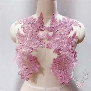 Apliques de encaje bordado de flores con lentejuelas de algodón, par de espejos con motivo de encaje floral, parche de encaje para costura para vestido de novia, vestido de baile, artesanías
