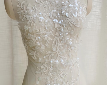 Ivory Sequin Bridal Applique, Beaded Lace Bodice Motif for Wedding Dress, Floral Embroidery Patch, Heavy Bead Lace Bodice Patch by Yard
