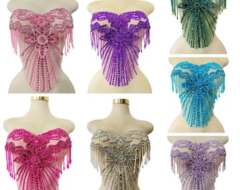 Rhinestone Bodice Applique with Fringe, Beaded Prom Dress Patch, Heavy Crystal Bodice Piece for Wedding Gown, Handmade Sequin Applique