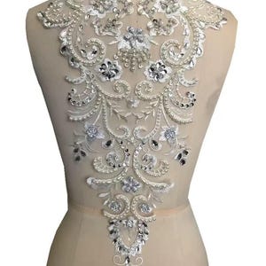 Heavy Stitching Beads Rhinestone Embroidery Lace Applique Pearl Sequins Patch Wedding Dress back Motif Vintate Bling Accents For Bridal Gowm