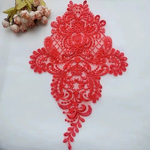 Red Black Vintage Embroidery Lace Applique Glitter Sequins Lace Patch Beaded Flower Lace Motif Sewing on Dancing Dress Prom Dress DIY Craft