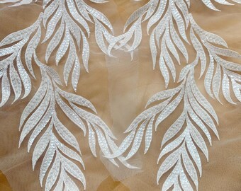 White Sequin Leaf Lace Applique Pair for Wedding Dress, Feather Bridal Lace Patch, Ivory Sequin Embroidery Motif, DIY Prom Dress Lace