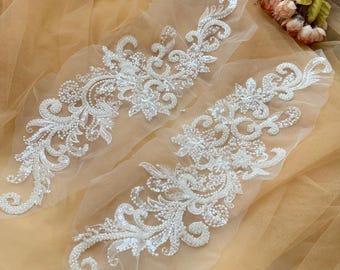 1 Pair Beaded Bridal Lace Applique, Sequined Pearl Lace Motif Patch, Ivory Lace Trim for Wedding Dress, Evening Dress Couture