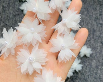 10 PCS 3cm Pearl Chiffon Flower Appliques, Mini White Fabric Flowers for Bridal Veil Dress, Small Organza Floral Trim, DIY Craft Supplies