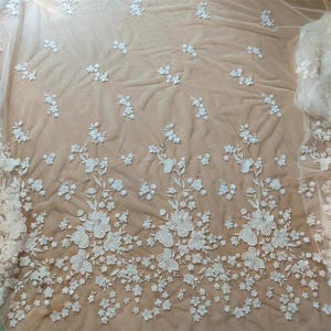 Delicate Sequins Flower Lace Fabric Off White Bridal Lace Fabric Blossom Embroidery Lace Tulle Fabric  for Wedding Dress Bridal Veil Curtain