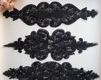 Exquisite Beaded Black Lace Applique, Beaded Embroidery Lace Patch With Sequin Sewing Motif For Party Dress,Costume Design,Waist Decoration