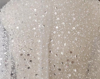 Luxury Beaded Tulle Fabric, Pearl Sequin Mesh Netting for Wedding Gown, Bridal Veil Lace, Heavy Beaded Fabric by the Yard, Prom Dress