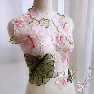 Organza Lotus Embroidery Lace Applique Pink Flowers Green Leaves Lace Patches Sewing Lace motif for Girl Dress Evening Dress DIY Couture