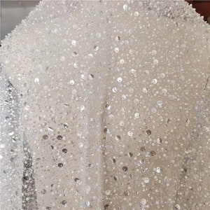 Sparkling Sequins Beaded Embroidery Lace Fabric Heavy Lace Mesh Materials With Pearl Ivory LaceTulle For Wedding Dress Bridal Veil Prom Gown