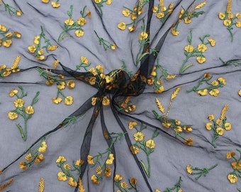 Broderad spets med gult blommönster, maskrosspetsnättyg, mjukt spetstyg i tyll för prinsessklänning, festklänning, tutu, gardin