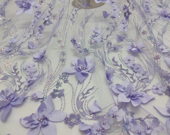 Delicate 3D Flower Lace Fabric With Bead, Sequins Flower Vine Embroidery Lace Mesh, 3D Floral Tulle Fabric For Wedding Dress, Evening Dress