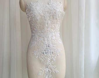 Symmetrical Bridal Lace Applique with Beads, Large White Floral Lace Patch for Wedding Dress Bodice, Elegant Embroidered Motif