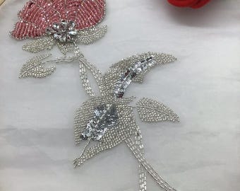 Handmade 3D Beaded Floral Applique, Rose Sewing Patch for DIY Clothes, Craft Supplies for Wedding Dress Jacket Hat Decor, Embroidery Motif