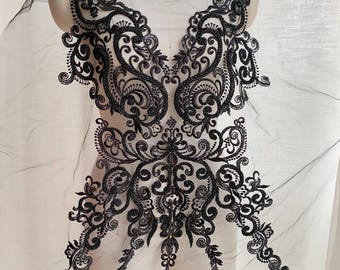 Black Beaded Lace Applique, Sequined Bodice Lace Patch, Gothic Bridal Lace Motif for Evening Dress, Prom Gown, Costume DIY