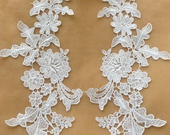 Off White Guipure Lace Applique Mirror Pair Floral Daisy Motif Water Soluble Sew on Patch for Wedding Dress Bridal Gown Veil DIY Trim