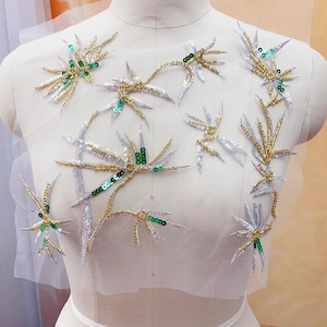 Petiite Fresh Evening Dress Applique Scatter Flowers Sequined Beaded Lace Motif Silver Green Sequin Gold Bead Embroidery Leaves Lace Patch