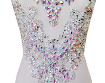 Luxury Beaded Bodice Applique, Heavy Rhinestone Crystal Lace Motif for Wedding Gown, Couture Bridal Back Patch, Sparkly Prom Dress Supplies