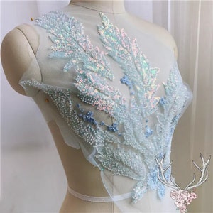 Bling Beaded Sequin Lace Applique Large Leaf Embroidery Lace Patch Flower Sewing Motif Costumes Lace Patch For DIY Dress Accessories