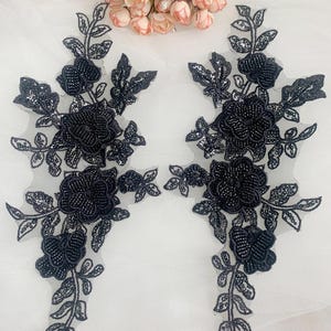 Pair Black Beaded Lace Applique Sequin Floral Motif Sew on Patch for Wedding Gown Goth Prom DIY Evening Dress Bridal Accessory