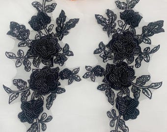 Pair Black Beaded Lace Applique Sequin Floral Motif Sew on Patch for Wedding Gown Goth Prom DIY Evening Dress Bridal Accessory