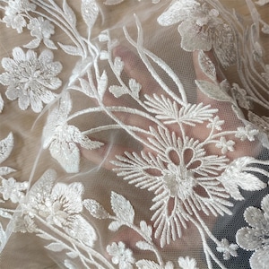 Ivory Bridal Lace Mesh Fabric Sequins Flower Embroidery Lace Overlay Fabric Floral Leaf Lace Tulle Fabric For Wedding Dress Bridal Veil