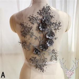 Beaded 3D Flower Lace Applique, Delicate Floral Embroidery Lace Patch With Rhinestone, Lace sheet For Dancing Dress, Evening Dress, DIY Gown