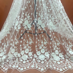 Double Lace 3D Rose Lace Fabric Beaded Flower Embroidery Lace Mesh Tulle Fabric Off white Bridal Lace Fabric For Wedding Dress Wedding Veil