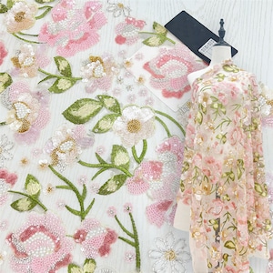 Luxury Flower Beaded Embroidery Lace Fabric Sequins Lace Tulle Fabric Pink Flower Lace Fabric For Evening Gown Princess Dress Pageant Dress