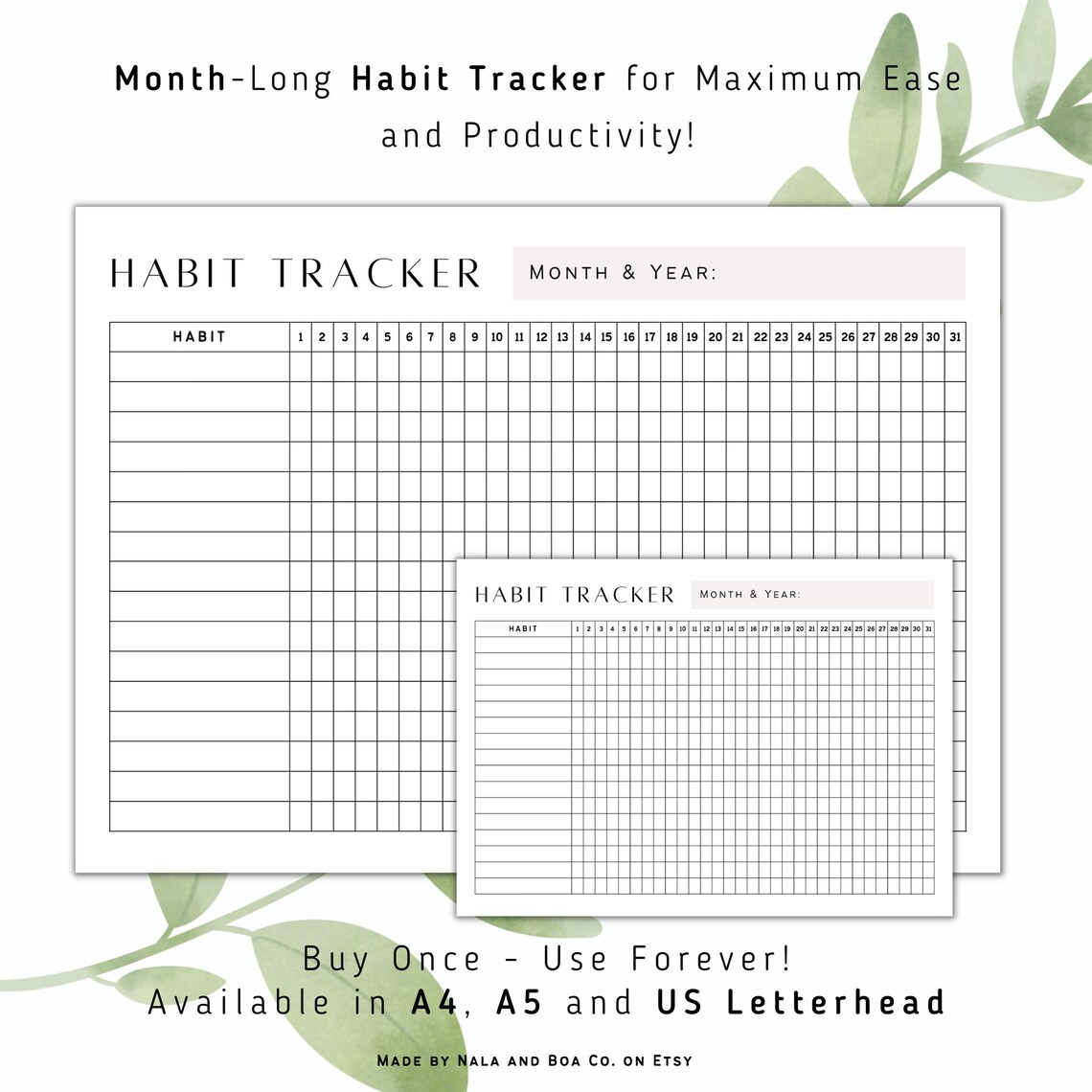 Habit Tracker in A4, A5 AND US Letterhead, Monthly Habit Tracker ...