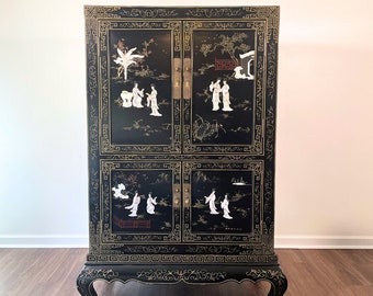 Chinese Black Lacquer Cabinet with Mother of Pearl Carvings