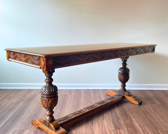 19th Century Carved Oak Trestle Table