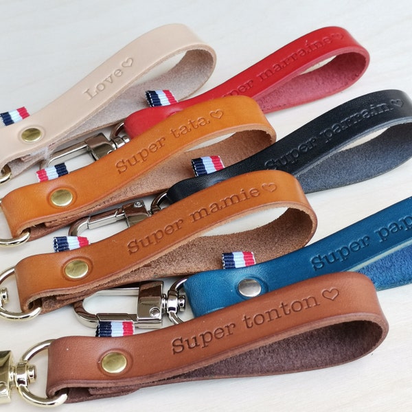 PORTE CLES PERSONNALISE en cuir avec mousqueton argenté ou doré, couleur: naturel-noir-rouge-bleu-marron foncé-marron clair-marron doré