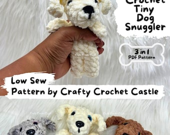 Pode incluir: Padrão de crochê para um pequeno cão de pelúcia. O padrão inclui três raças de cães diferentes: um cruzamento de poodle, um golden retriever e um dachshund. O padrão é um padrão de baixo ponto e está disponível como um download PDF 3 em 1. O padrão é de Crafty Crochet Castle.
