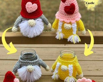 Crochet Valentine Gnome Mason Jar Cozy, PDF PATTERN ONLY, English